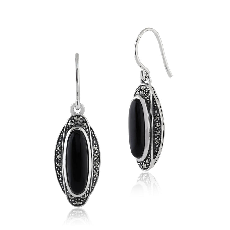 Orecchini pendenti e pendenti in stile Art Déco in argento 925 con cabochon in onice nero e marcasite