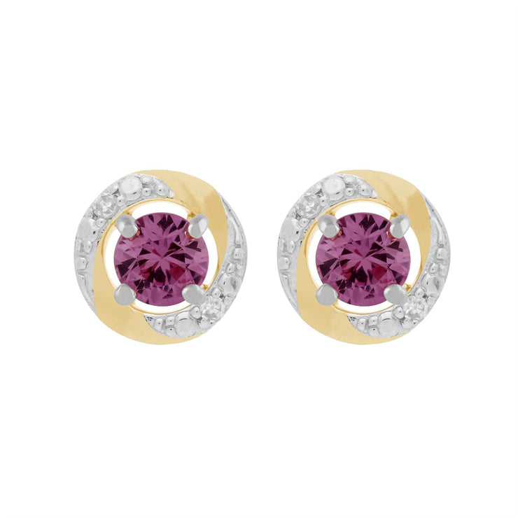 Orecchini classici con zaffiro rosa in oro bianco 375 e rivestimento per orecchie Halo in oro giallo 375 con diamanti