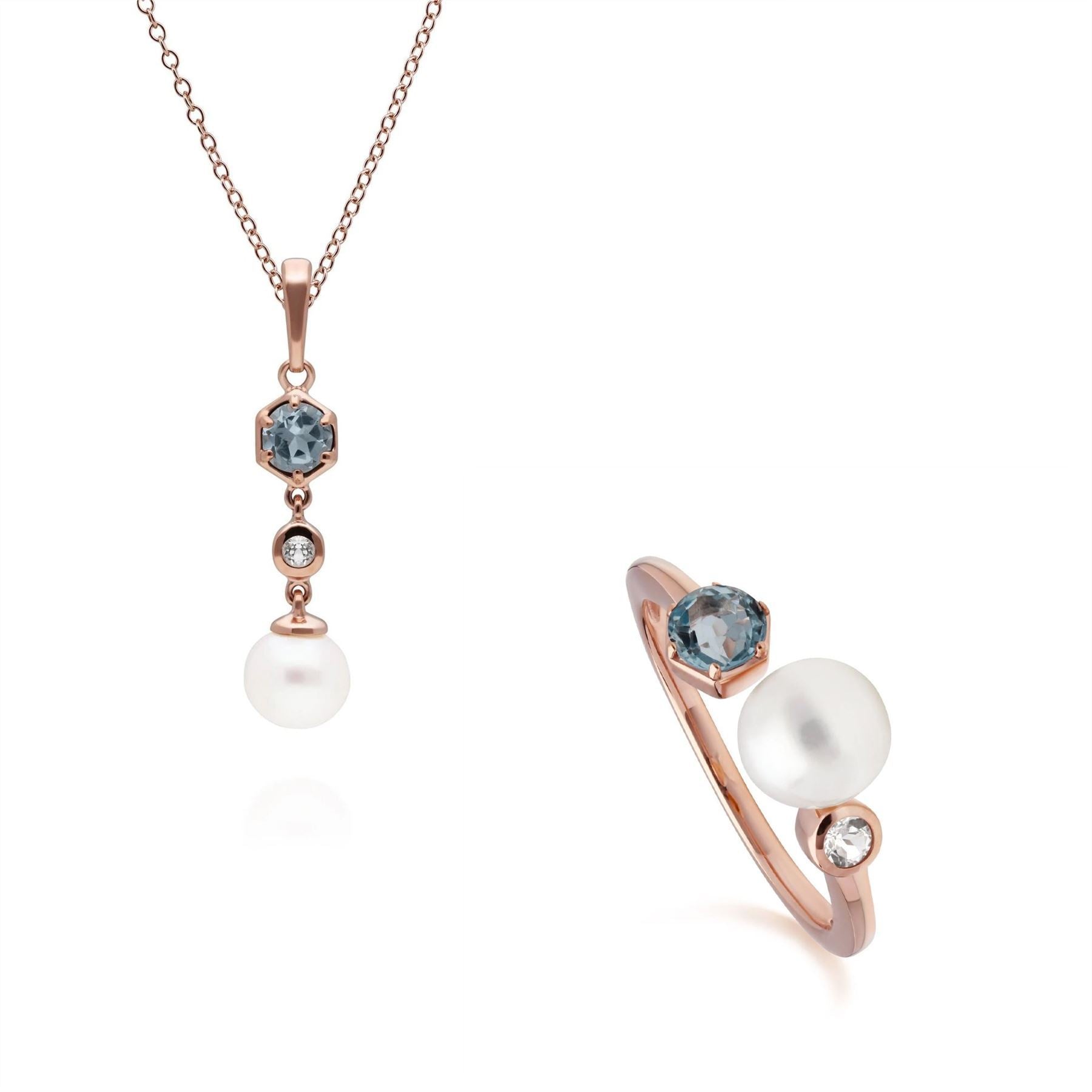 Modern Pearl & Topaz Pendant & Ring Set in Rose Gold Plated Sterling Silver