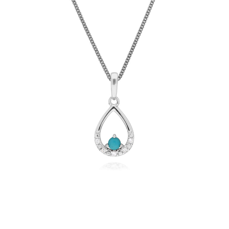 Esclusivo pendente a forma di pera con turchese e diamanti in oro bianco da 9 ct su catena da 45 cm