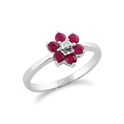 Anello floreale in oro bianco 375 con rubini e diamanti