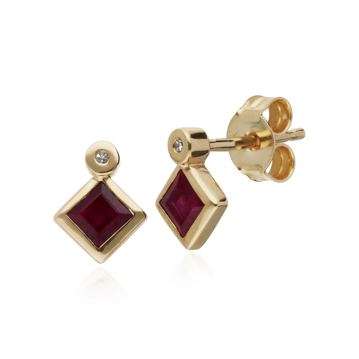 Orecchini quadrati con Rubini e diamanti in oro giallo da 9 ct 