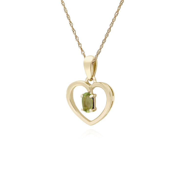 Ciondolo a cuore singolo con pietra ovale in oro giallo peridoto da 9 ct su catena da 45 cm