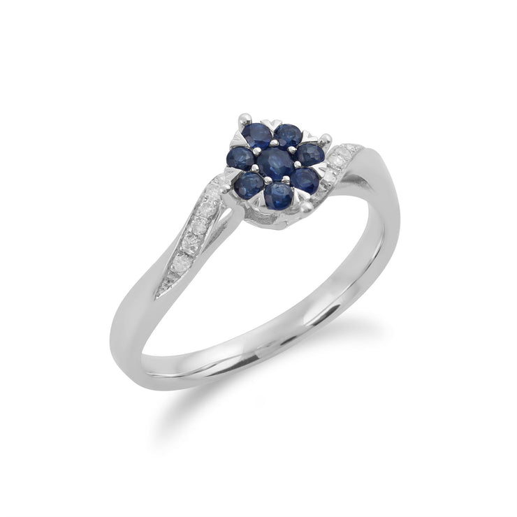 Anello Gemondo con zaffiro, anello a fiore con zaffiro e diamanti in oro bianco da 9 ct da 0,27 ct