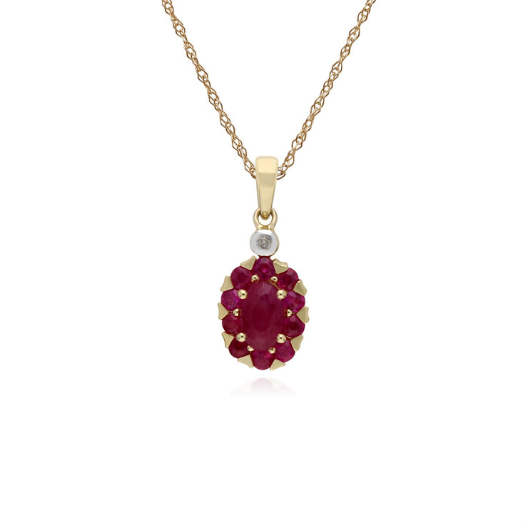 Pendente con montatura ovale in oro giallo da 9 ct con rubini e diamanti su catena da 45 cm