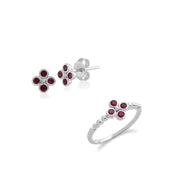 Anello con rubino rotondo e trifoglio floreale in argento 925 e orecchini a bottone