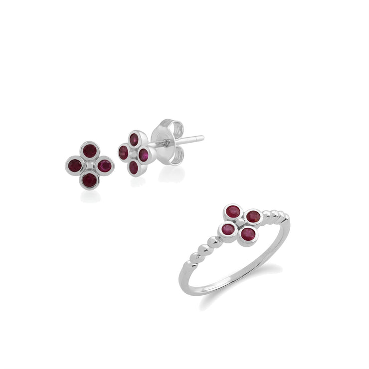 Anello con rubino rotondo e trifoglio floreale in argento 925 e orecchini a bottone