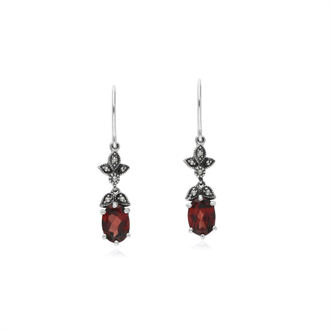Art Deco Style Diamond Carnelian & Marcasite Drop Earrings in 925 Sterling Silve