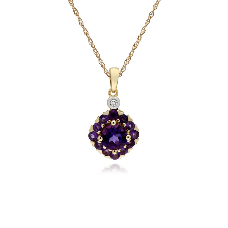Pendente da s in oro giallo da 9 ct con ametista e diamanti quadrati su catena da 45 cm