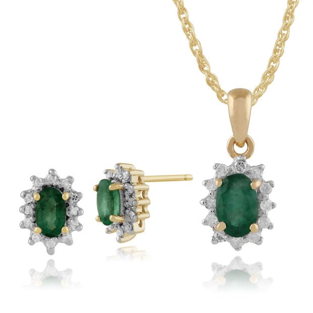Ciondolo e orecchini classici ovali in oro giallo 375 con smeraldi e diamanti
