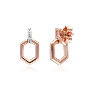 Diamond Pave Hex Bar Drop Earrings in 9ct Rose Gold