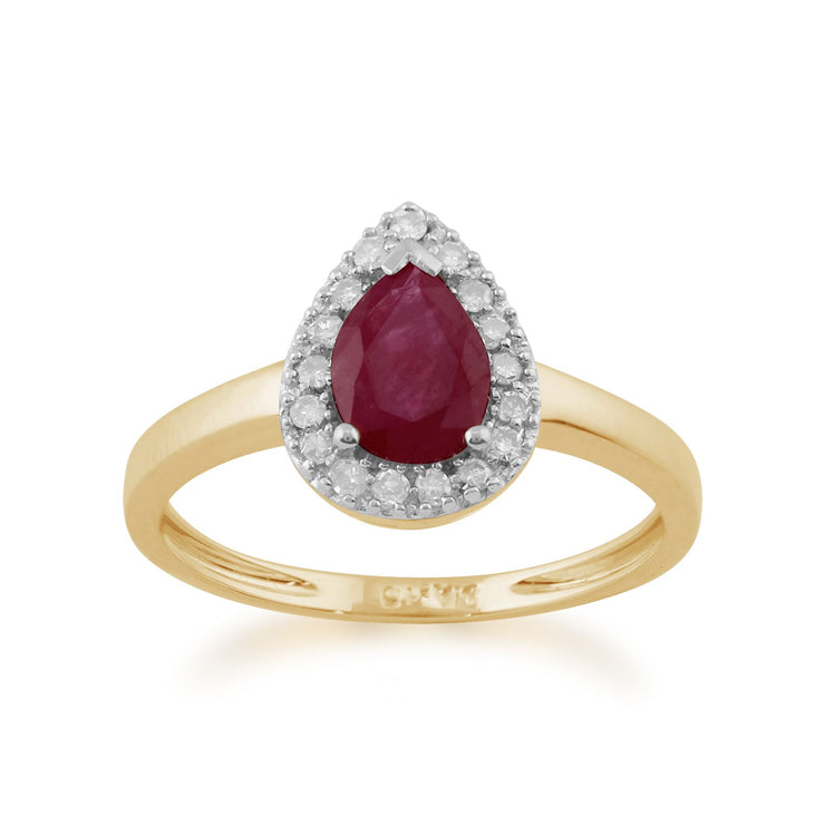 Classico pendente e anello Halo in oro giallo 375 con rubino e pera di diamanti