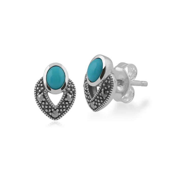 Collana e orecchini a bottone ovali in turchese e marcasite in argento 925 in stile Art Déco
