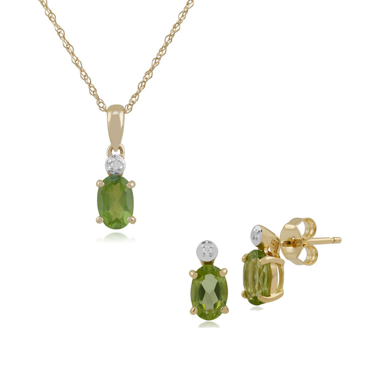 Classico pendente ovale con peridoto e diamanti in oro giallo 375 e orecchini a bottone