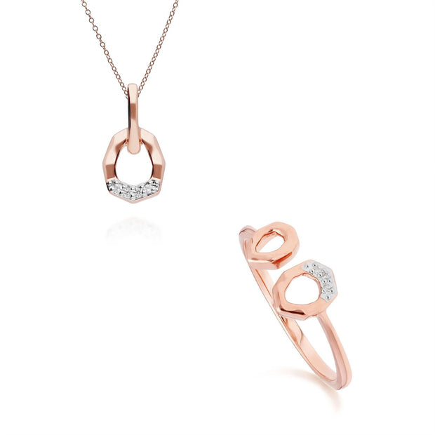 Anello e pendente asimmetrici in oro rosa 375 con pavé di diamanti