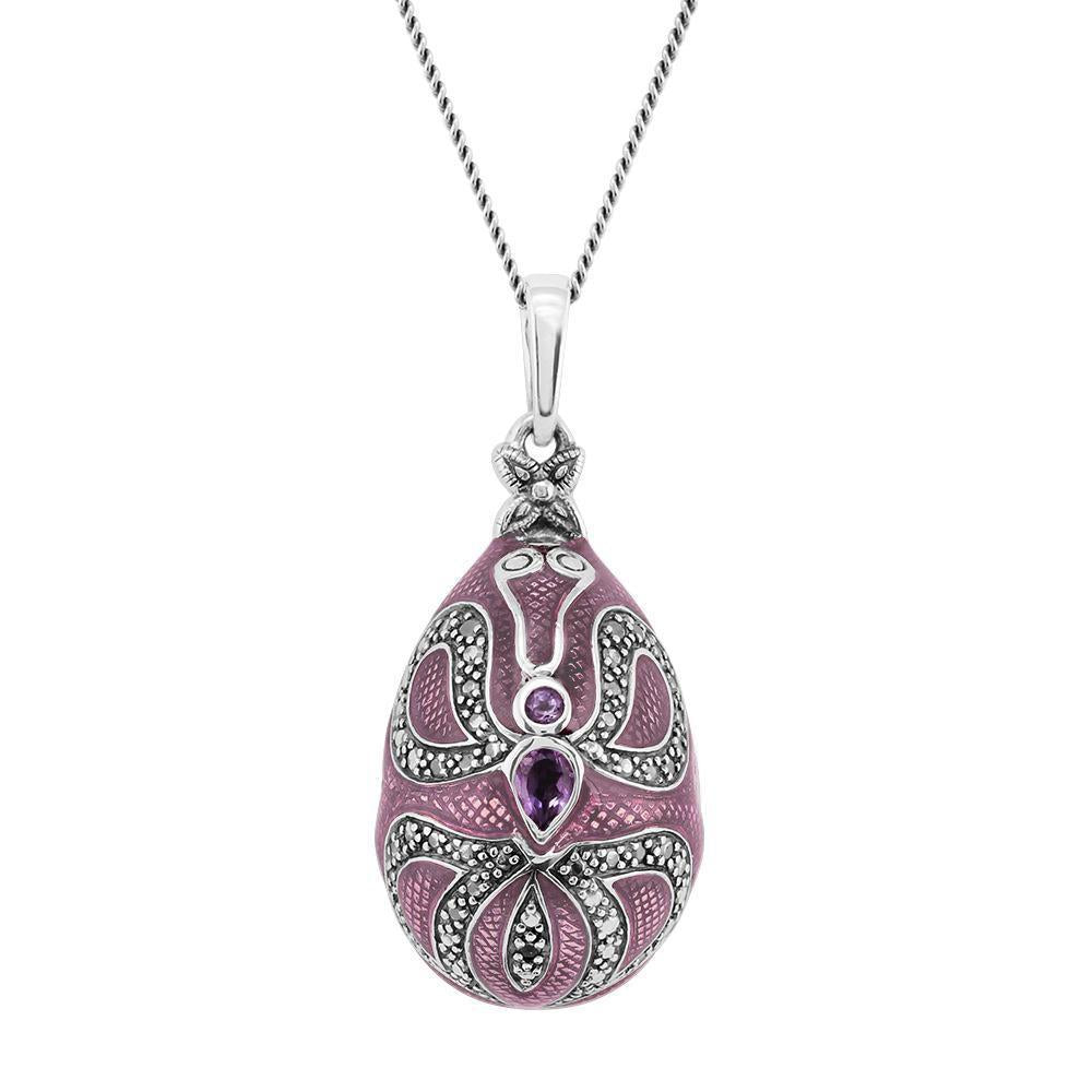 Art Nouveau Style Pear Amethyst Faberge Egg Style Pendant in 925 Sterling Silver