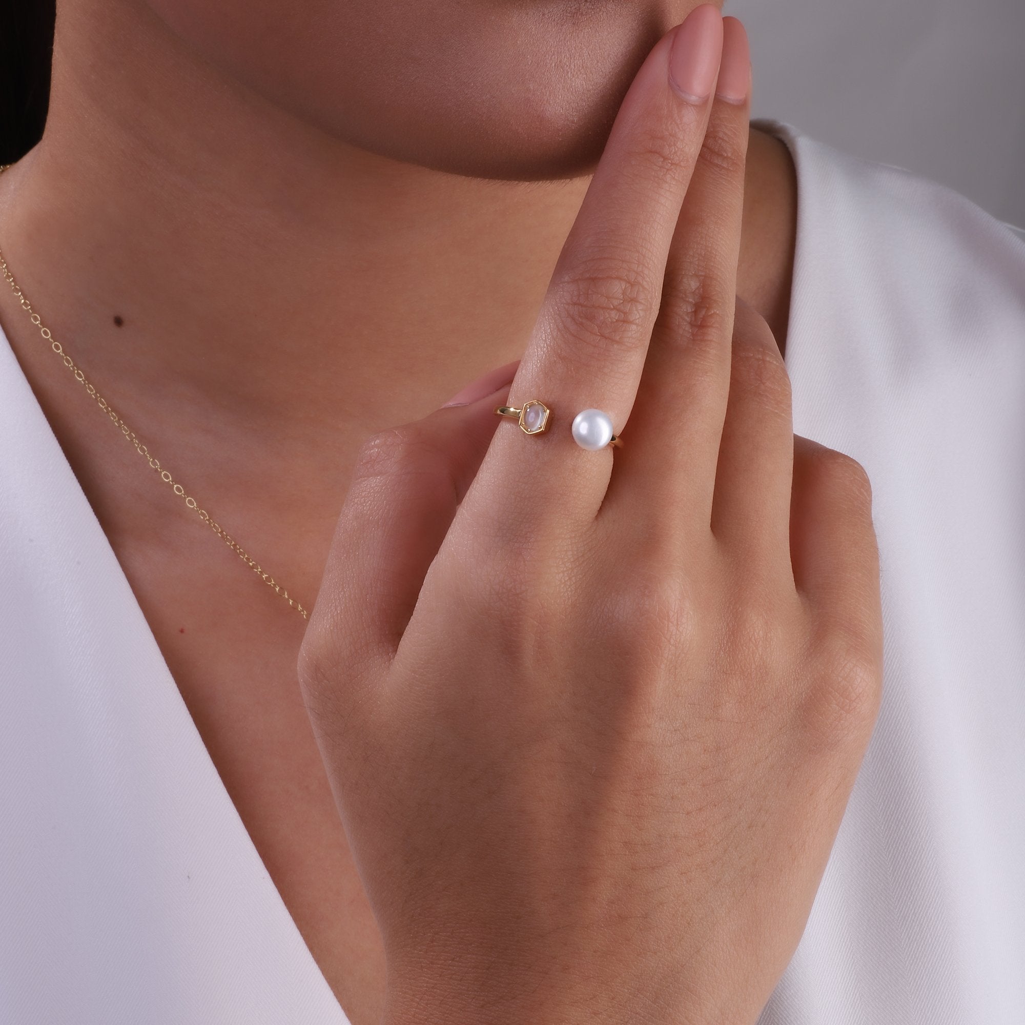 Modern Pearl & Moonstone Open Ring in Gold Plated Sterling Silver
