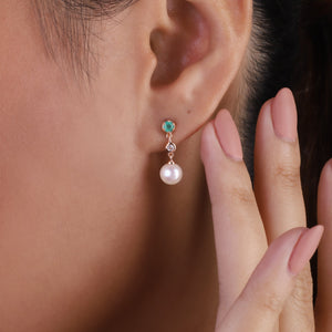 Modern Pearl, Emerald & Topaz Mismatched Drop Earrings in Rose Gold Plated Sterling Silver