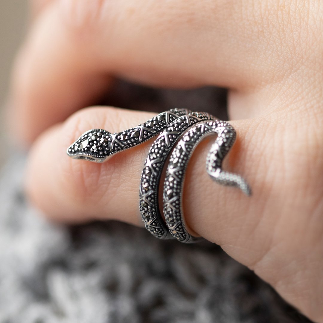 Art Nouveau Style Round Marcasite Snake Statement Ring in 925 Sterling Silver