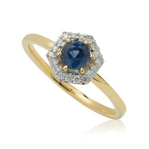 Sapphire & diamond halo engagement ring in 18ct yellow gold