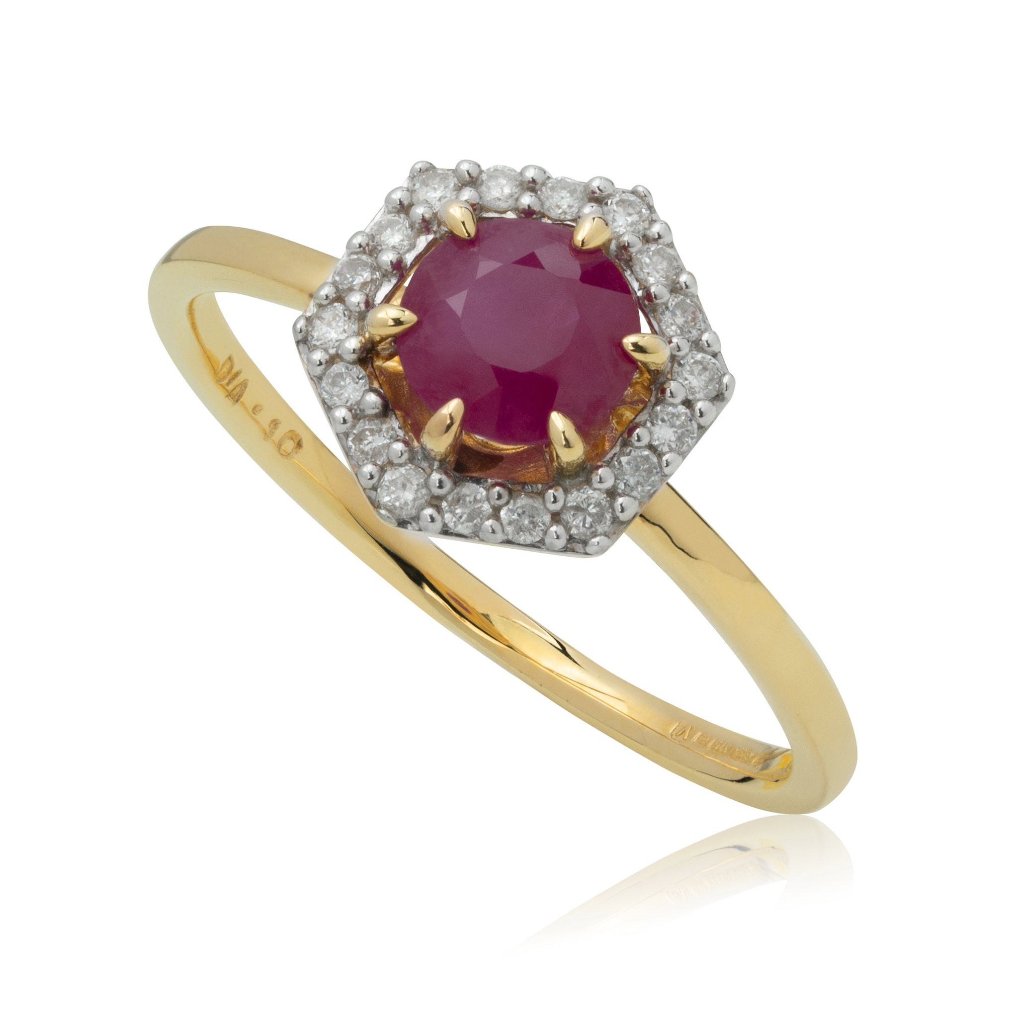 Ruby & diamond halo engagement ring in 18ct yellow gold