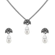 Collana e orecchini con bottone a foglia in stile Art Déco Argento 925 Perla e marcasite