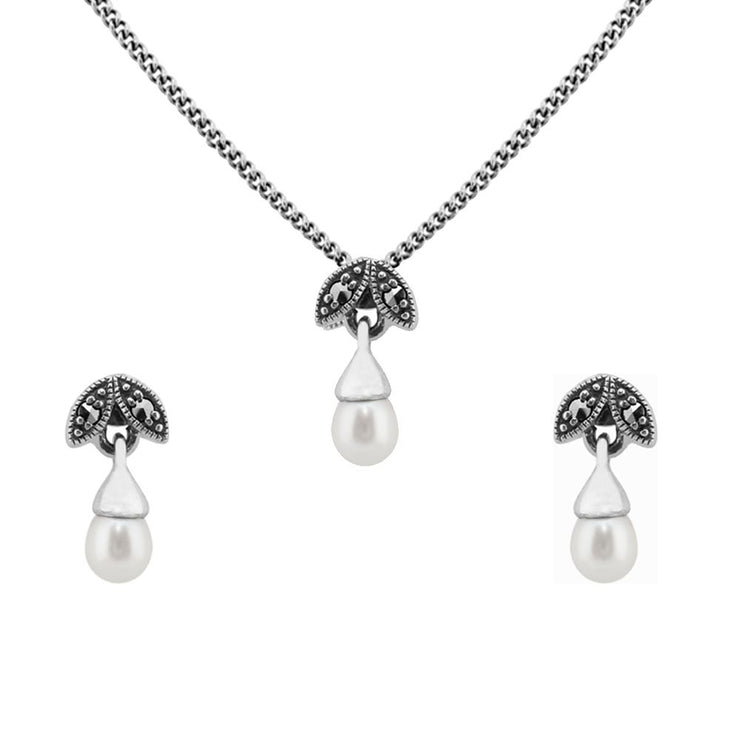 Collana e orecchini con bottone a foglia in stile Art Déco Argento 925 Perla e marcasite