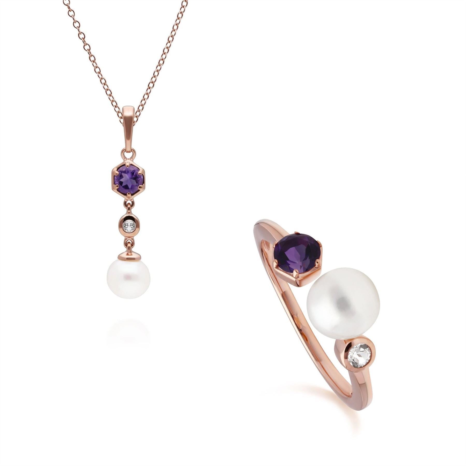 Modern Pearl, Amethyst & Topaz Pendant & Ring Set in Rose Gold Plated Sterling Silver