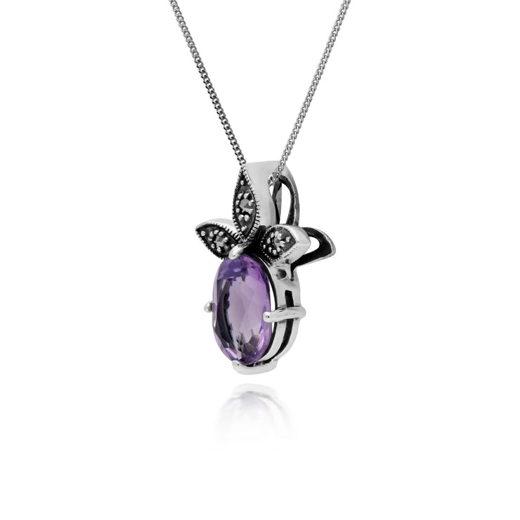 Ciondolo in stile Art Déco Argento 925 Ametista ovale e Marcasite