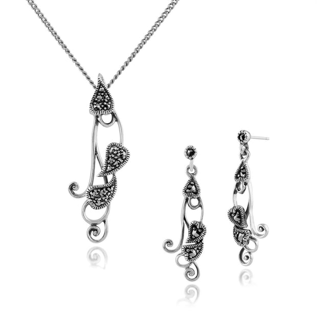 Orecchini pendenti e pendenti a foglia attorcigliata in stile Art Nouveau in argento 925 marcasite