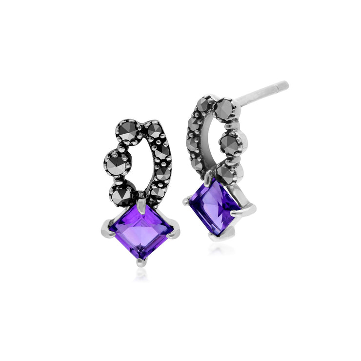 Orecchini a bottone in stile Art Nouveau in argento 925 con ametista quadrata e marcasite
