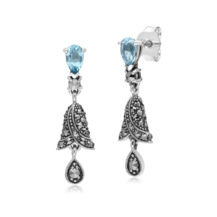 s Orecchini pendenti con campana in marcasite e topazio azzurro in argento sterling