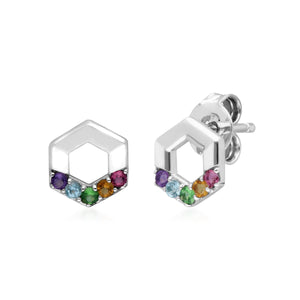 Rainbow Hexagon Stud Earrings in Sterling Silver