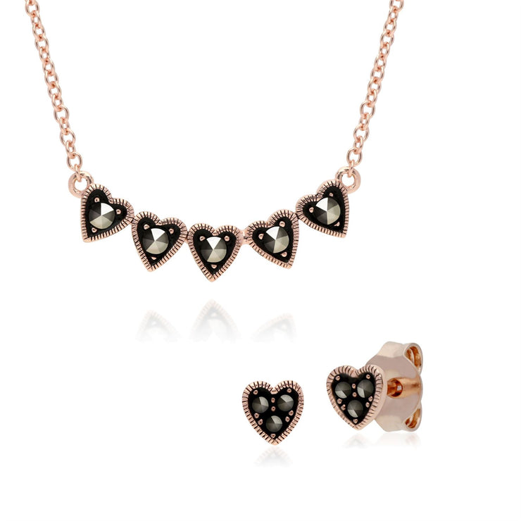 Collana e orecchini cuore in argento sterling 925 e orecchini in marcasite placcata oro rosa