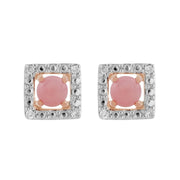 Orecchini a bottone classici con opale rosa in oro rosa 375 e rivestimento per l'orecchio con diamanti quadrati