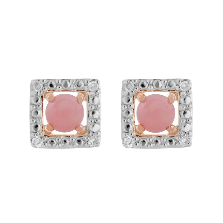 Orecchini a bottone classici con opale rosa in oro rosa 375 e rivestimento per l'orecchio con diamanti quadrati