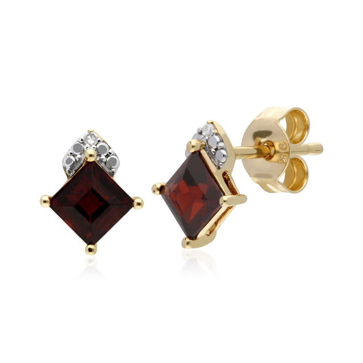 Orecchini quadrati con granato e diamanti in oro giallo da 9 ct 