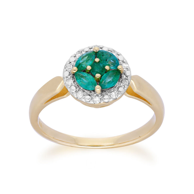 Anello Gemondo in oro giallo da 9 ct con smeraldi e diamanti Halo