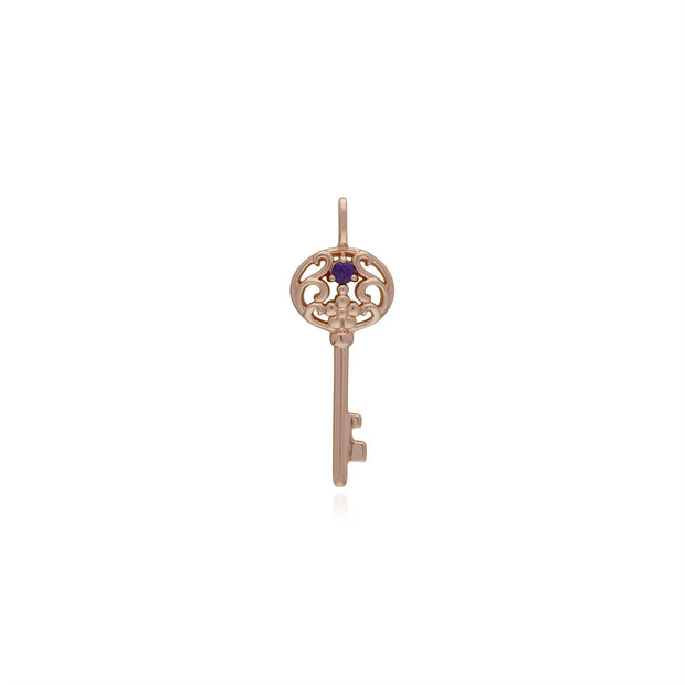 Classico pendente a chiave grande in argento 925 placcato oro rosa con ametista rotonda
