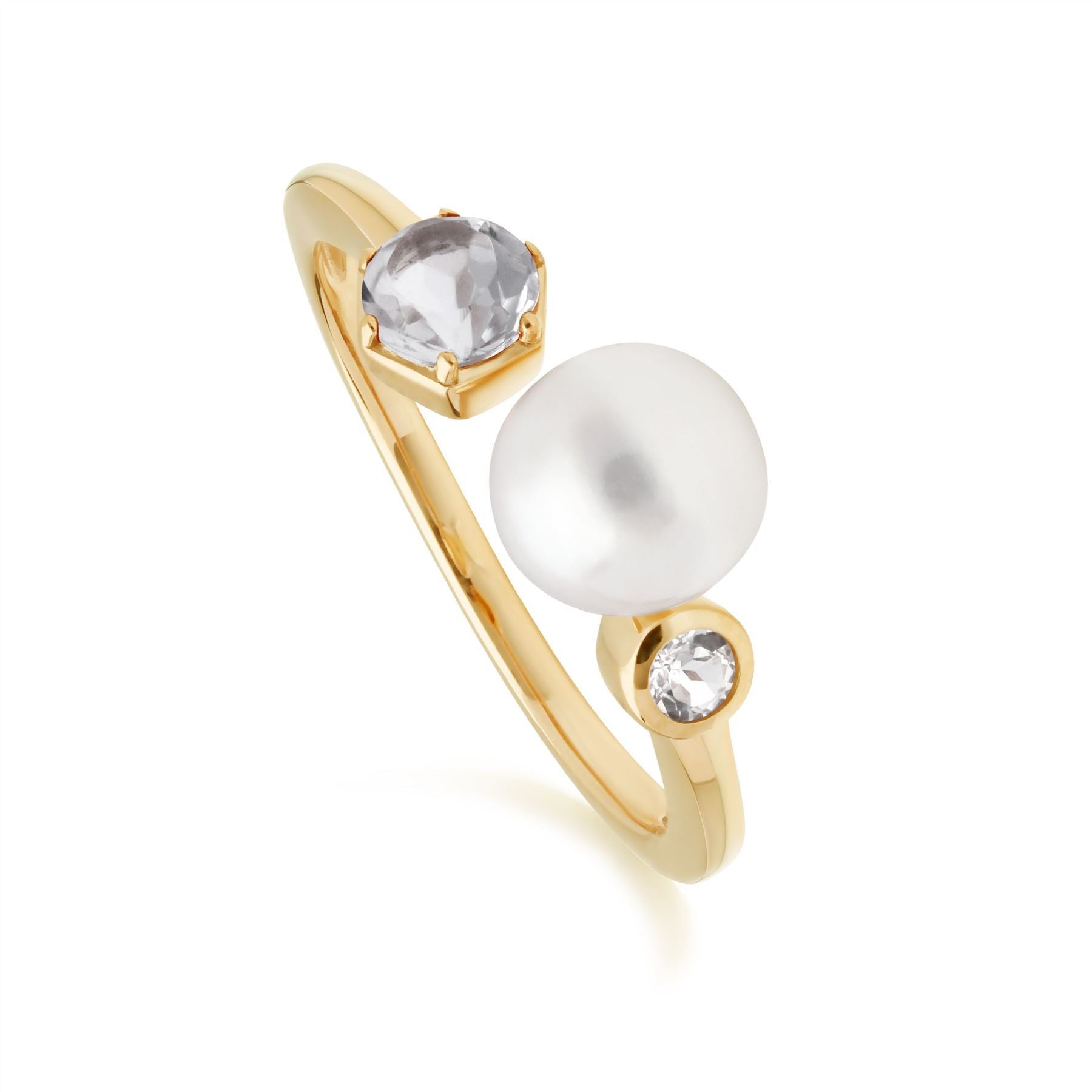 Anello Aperto moderno con perla e topazio bianco in argento sterling placcato oro