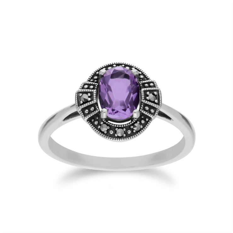 Ciondolo e anello in stile Art Déco Argento 925 con ametista e marcasite a grappolo ovale