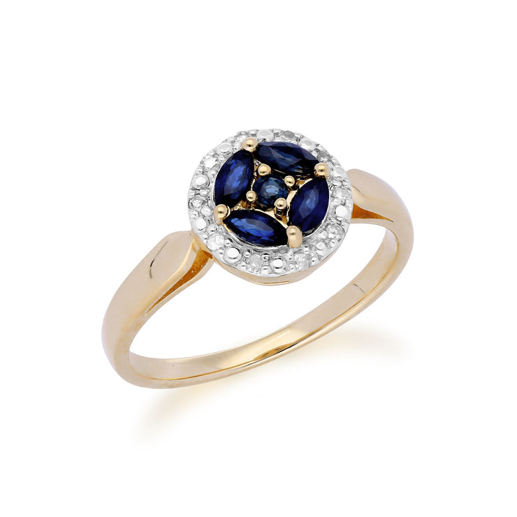 Anello Gemondo in oro giallo da 9 ct con grappolo di zaffiri e diamanti Halo