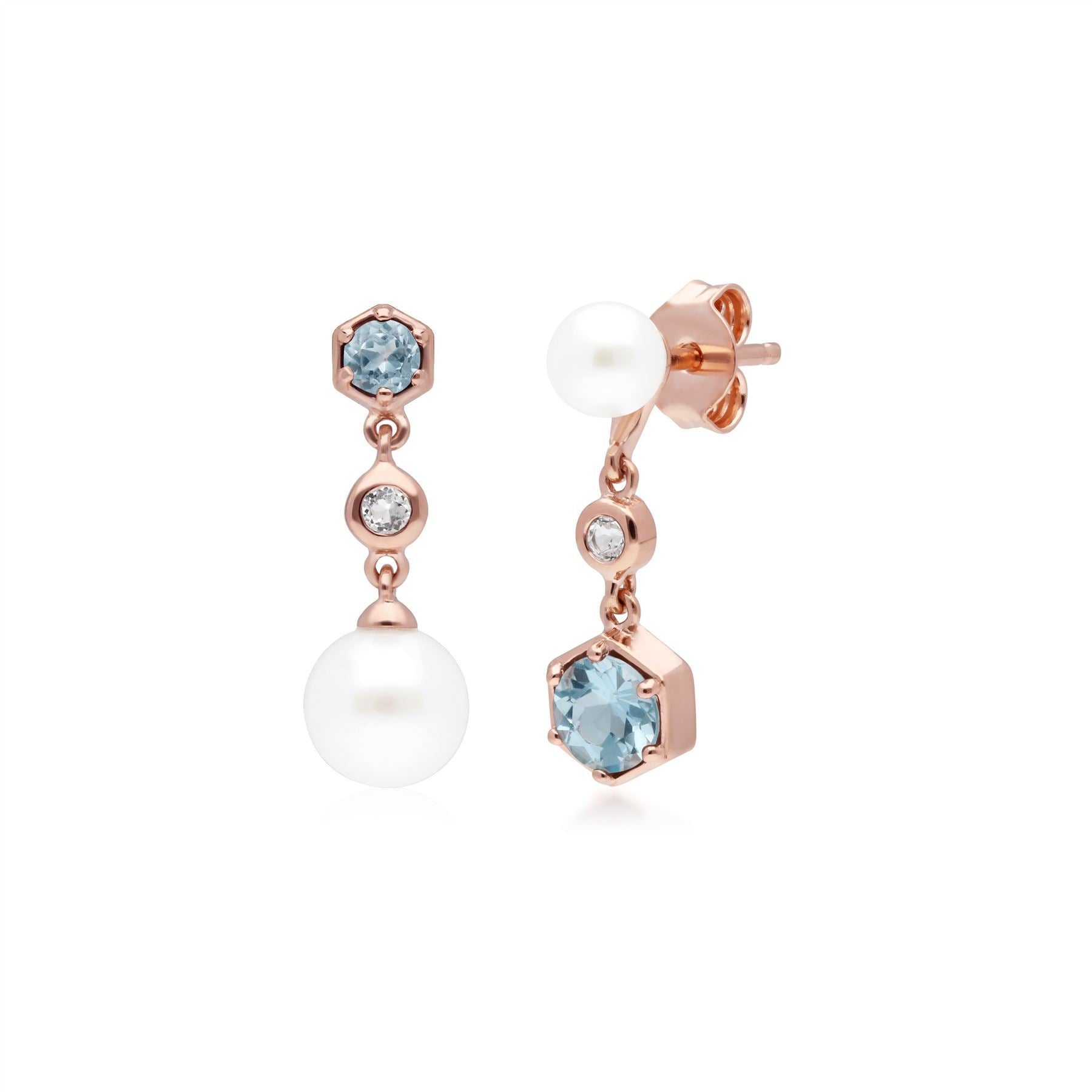 Orecchini pendenti spaiati moderni di perle, topazio bianco e blu in argento sterling placcato oro rosa