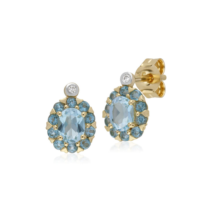 Orecchini a bottone ovali a grappolo di diamanti e topazio azzurro in oro giallo da 9 ct