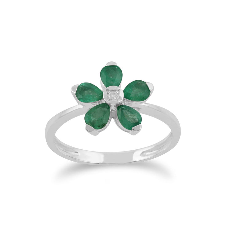 Anello Gemondo con smeraldo, anello a fiore con smeraldo e diamanti in oro bianco da 9 ct da 0,76 ct