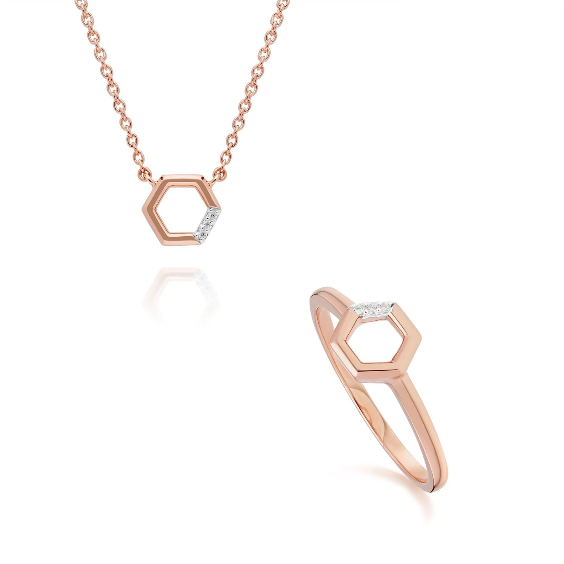 Diamond Pave Hexagon Necklace & Ring Set in 9ct Rose Gold