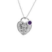 Ciondolo classico con lucchetto a cuore intrecciato, ciondoli in argento 925 e ametista