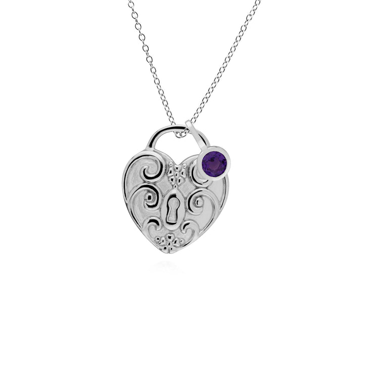 Ciondolo classico con lucchetto a cuore intrecciato, ciondoli in argento 925 e ametista