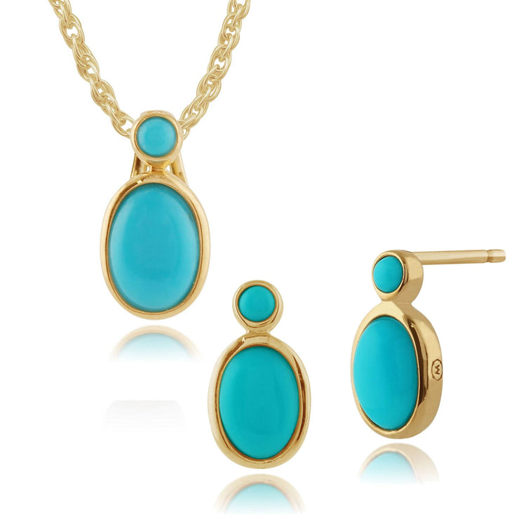 Ciondolo e orecchini classici a bottone in argento 925 placcato oro con castone ovale cabochon turchese