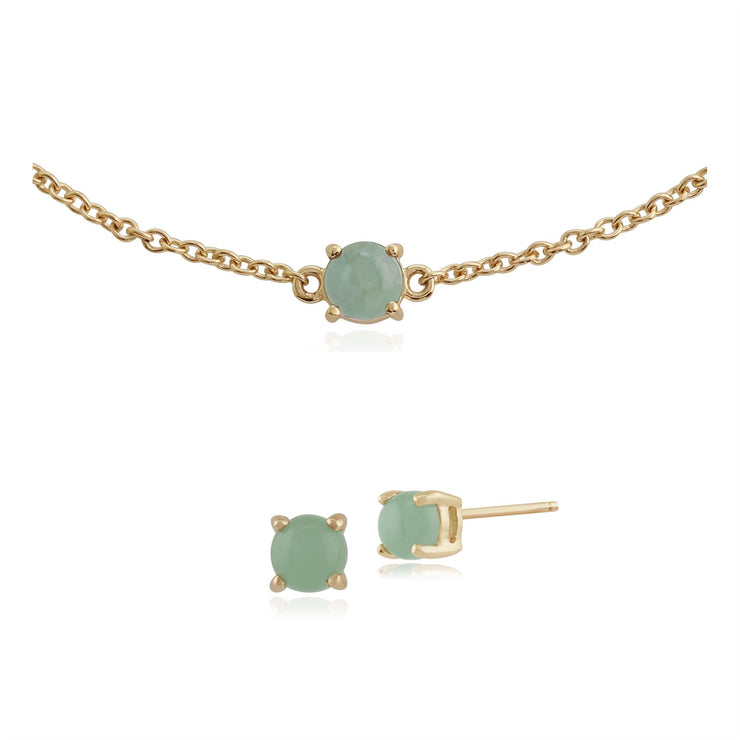 Bracciale e orecchini a bottone rotondi classici in giada classica in oro giallo 375